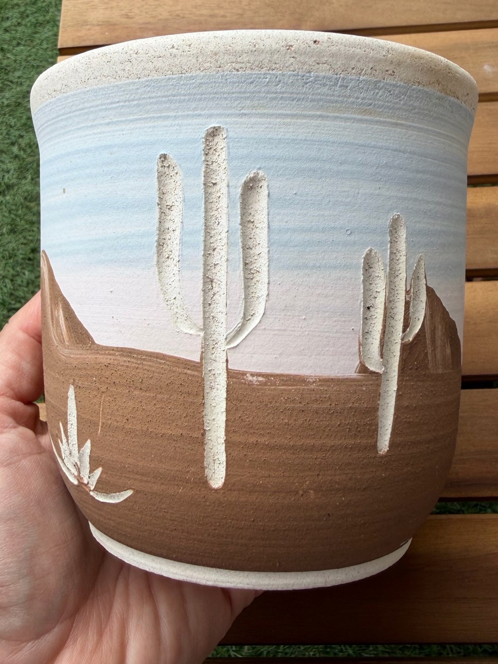 Cactus Planter Southwestern Desert Hand Painted Pot Blue Brown